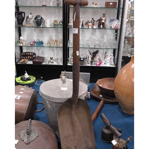 71 - Metal fire bucket and cover and an oak handled metal fire shovel, together with two brass blow torch... 