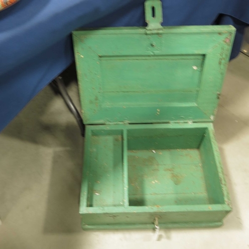 98 - A green painted wooden work box with metal hasp, 52cm wide