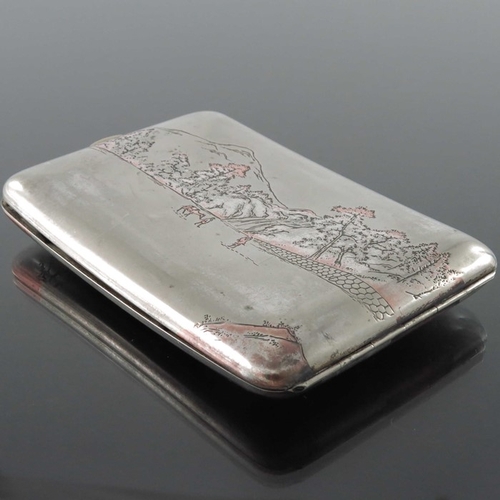 3 - A Japanese silver and mixed metal cigarette case, circa 1930s, incised with a landscape of mountains... 