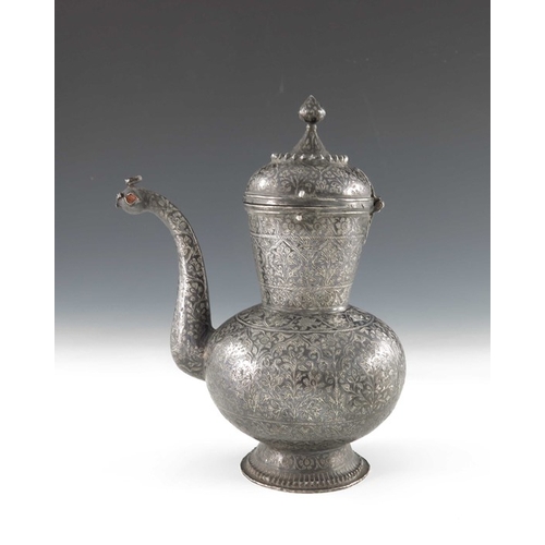 6 - An 18th century or earlier Indian Mughal silver and niello enamel ewer or chuski, bulbous form with ... 