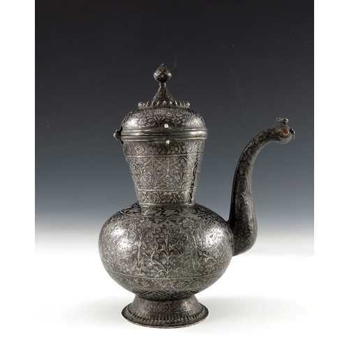 6 - An 18th century or earlier Indian Mughal silver and niello enamel ewer or chuski, bulbous form with ... 