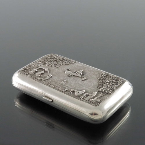 7 - An Indian white metal cigar case, circa 1910, repousse embossed and chased with Hindu figures and co... 