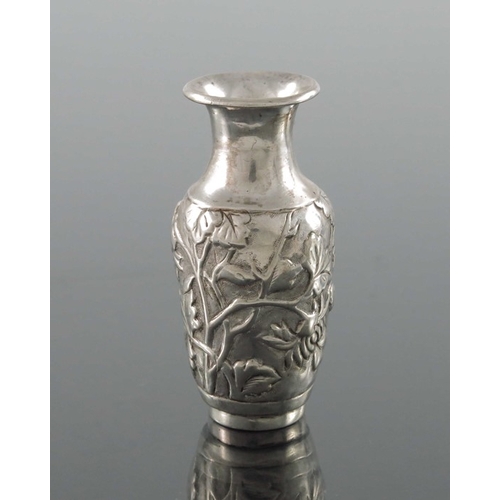 14 - A miniature Chinese silver vase, Cumwo, Hong Kong circa 1890, shouldered form, embossed and chased i... 