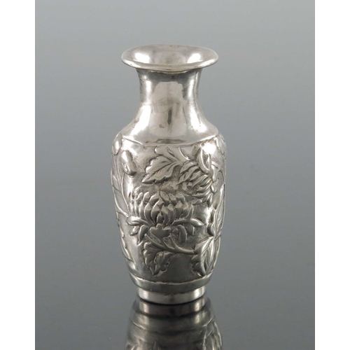 14 - A miniature Chinese silver vase, Cumwo, Hong Kong circa 1890, shouldered form, embossed and chased i... 