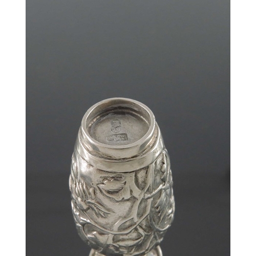 14 - A miniature Chinese silver vase, Cumwo, Hong Kong circa 1890, shouldered form, embossed and chased i... 