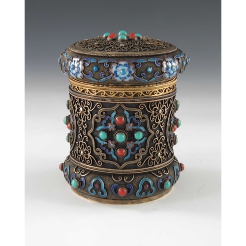 15 - A Chinese silver gilt, filigree, enamelled and stone set tea caddy, cylindrical, mesh ground, overla... 