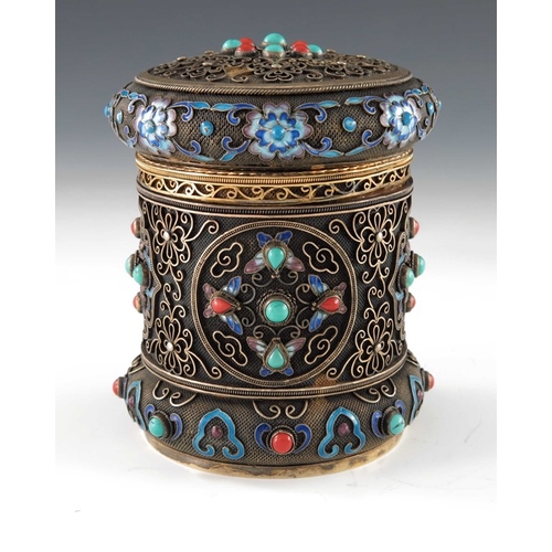 15 - A Chinese silver gilt, filigree, enamelled and stone set tea caddy, cylindrical, mesh ground, overla... 