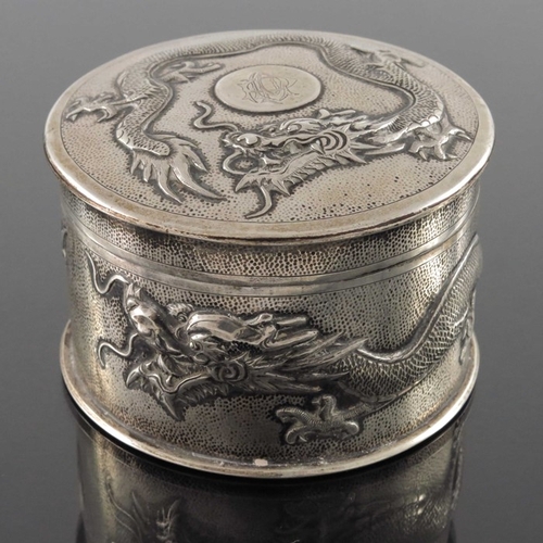 19 - A Chinese export silver box and cover, Tuck Chang, Shanghai circa 1900, circular drum form, embossed... 