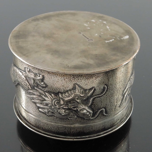 19 - A Chinese export silver box and cover, Tuck Chang, Shanghai circa 1900, circular drum form, embossed... 