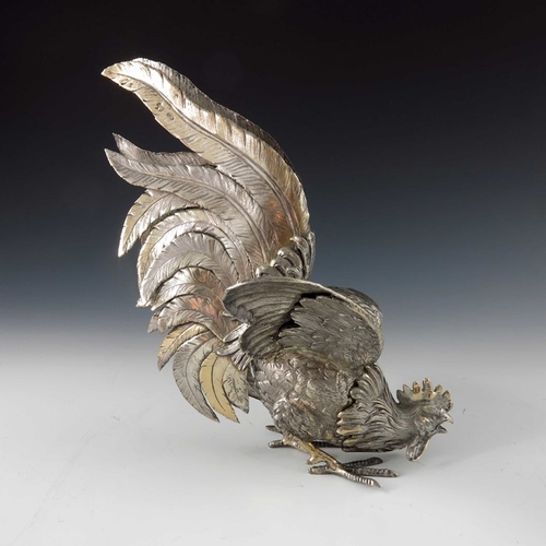 37 - A pair of Italian silver gilt cockerel figures, ML, cast and chased realistically, modelled fighting... 