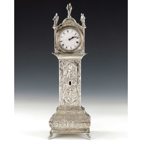 40 - A 19th century Dutch silver novelty longcase clock, import marks Lewis Lewis, London 1891, embossed ... 