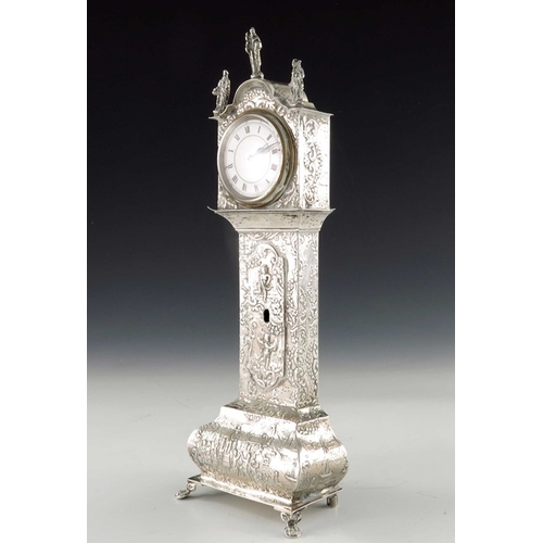 40 - A 19th century Dutch silver novelty longcase clock, import marks Lewis Lewis, London 1891, embossed ... 