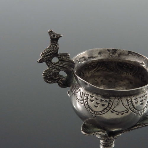 61 - A Spanish Colonial silver miniature goblet or chalice, Andean style, the twin handled cauldron bowl ... 