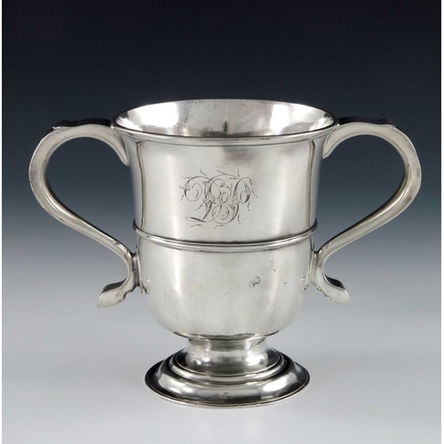 71 - A George III Provincial silver twin handled cup, John Langlands, Newcastle circa 1760s, footed urn f... 