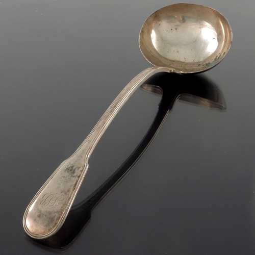 74 - A George IV silver soup ladle, Thomas Wilkes Barker, London 1825, Fiddle and Thread Pattern, 33.5cm ... 