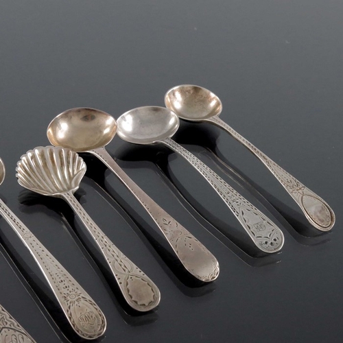 75 - A collection of George III and later silver condiment spoons, various makers and dates, Bright Cut, ... 