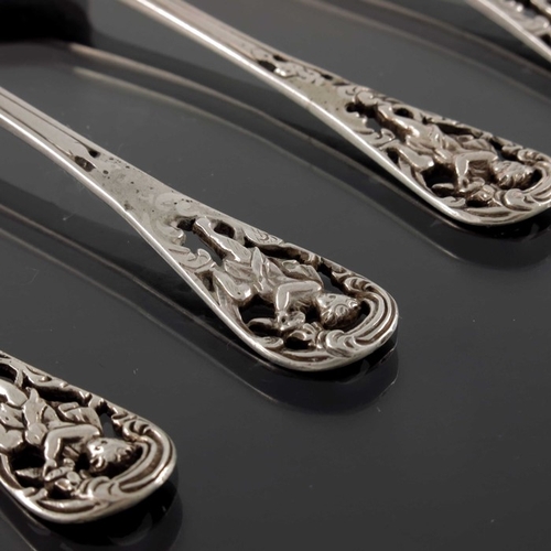 85 - A set of six Victorian  silver reticulated picture front and scroll back teaspoons, Francis Higgins,... 