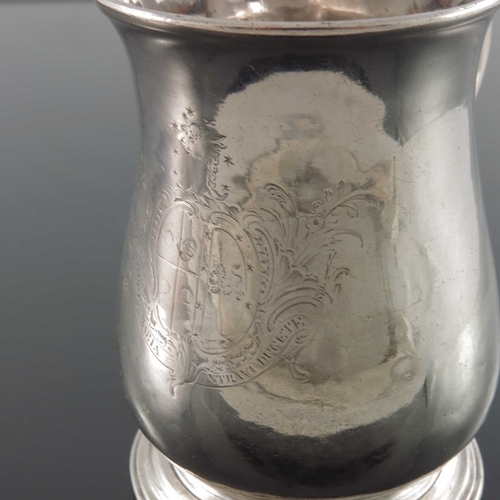 96 - A George II silver mug, William Shaw and William Preist, London 1750, baluster form on ogee stepped ... 