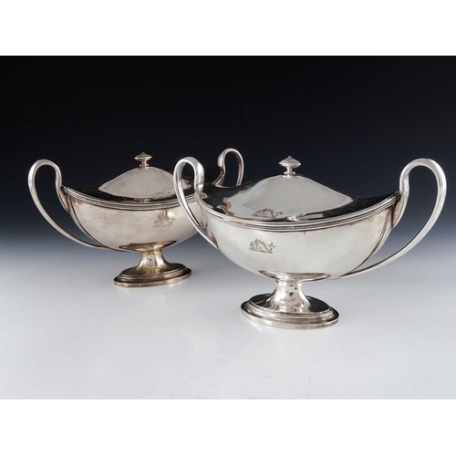 101 - A pair of George III Old Sheffield Plate sauce tureens, circa 1780, Neoclassical twin handled boat f... 