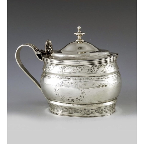 107 - Nathan and Hayes, Chester 1905, an Edwardian silver mustard pot, ogee moulded oval form, bright cut ... 