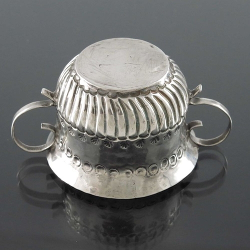 124 - A Queen Anne miniature silver porringer, Benjamin Bentley, London circa 1705, twin handled ogee form... 