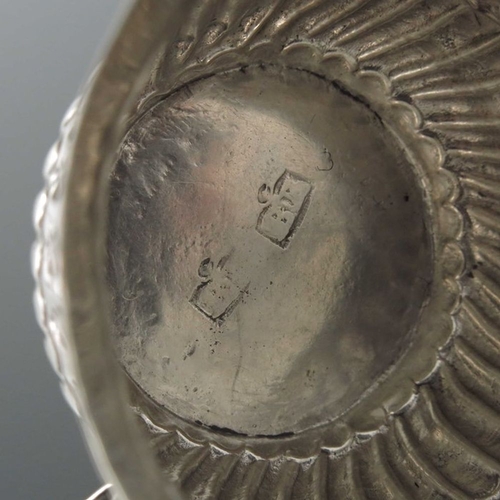 124 - A Queen Anne miniature silver porringer, Benjamin Bentley, London circa 1705, twin handled ogee form... 