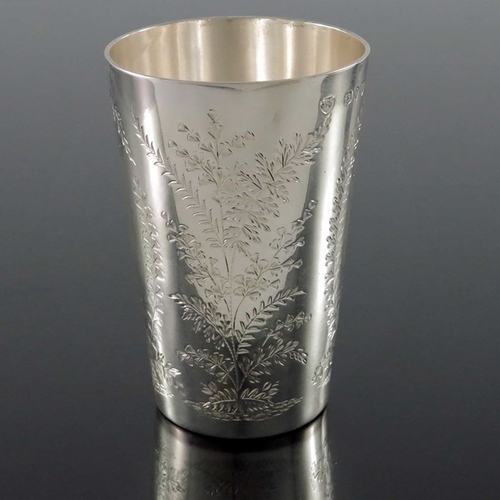 133 - A Victorian silver beaker, Walter and John Barnard, London 1890, conical form, chased and engraved w... 