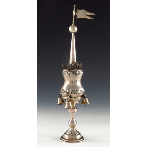 158 - A George V silver Havdalah spice tower, Moshe Rubin, London 1926, the double gourd body with four be... 