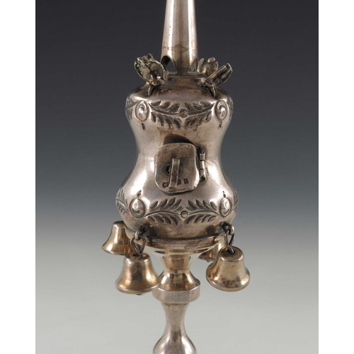 158 - A George V silver Havdalah spice tower, Moshe Rubin, London 1926, the double gourd body with four be... 