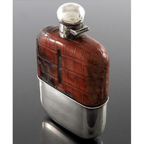 160 - A George V silver and alligator hip flask, Frederick Asman and Co., Sheffield 1930 to 1934, the glas... 