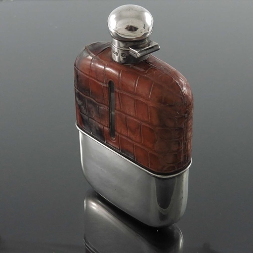 160 - A George V silver and alligator hip flask, Frederick Asman and Co., Sheffield 1930 to 1934, the glas... 