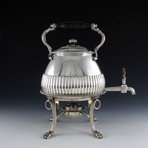 167 - A George III silver kettle on stand, John Emes, London 1806, the half reeded ovoid body with fluted ... 