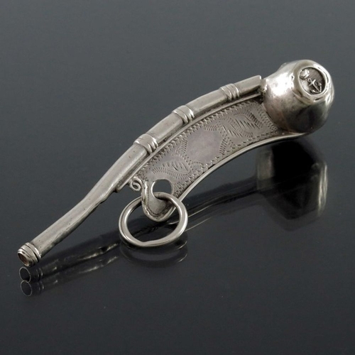 177 - A Victorian silver Bosun's whistle, George Unite, Birmingham 1873, embossed Royal Navy emblems, tool... 