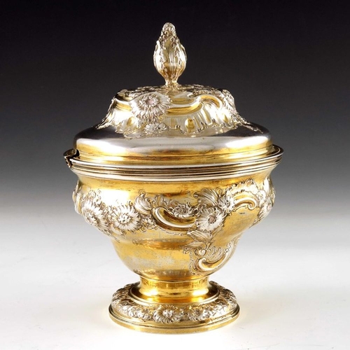 184 - A George II silver gilt sugar box, Samuel Taylor, London 1751, pedestal ogee form, embossed and chas... 