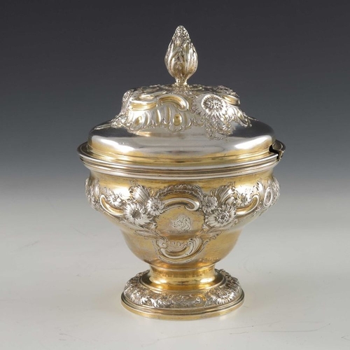 184 - A George II silver gilt sugar box, Samuel Taylor, London 1751, pedestal ogee form, embossed and chas... 