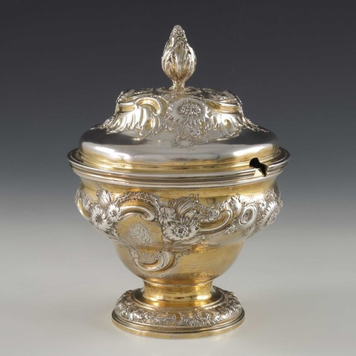 184 - A George II silver gilt sugar box, Samuel Taylor, London 1751, pedestal ogee form, embossed and chas... 