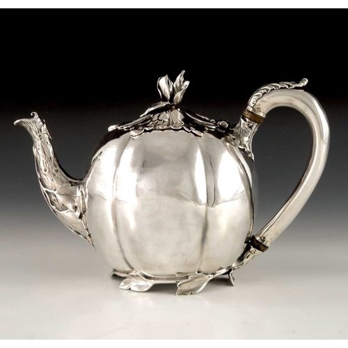 190 - Paul Storr, a William IV silver teapot, Storr and Mortimer, London 1831, melon form, realistically m... 