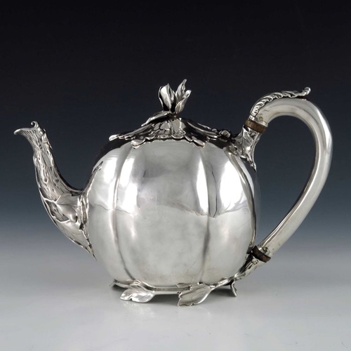 190 - Paul Storr, a William IV silver teapot, Storr and Mortimer, London 1831, melon form, realistically m... 