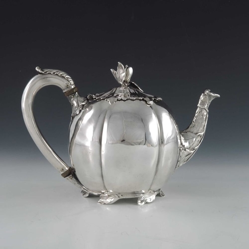 190 - Paul Storr, a William IV silver teapot, Storr and Mortimer, London 1831, melon form, realistically m... 