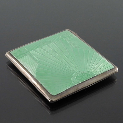 202 - A George VI silver and enamelled cigarette case, Birmingham 1936, rectangular cushioned with green g... 