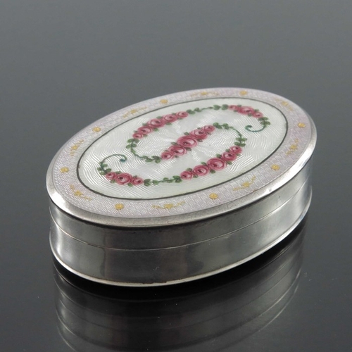 206 - An Austrian silver and enamelled snuff box, import marks Saunders and Shepherd, London 1911, oval fo... 