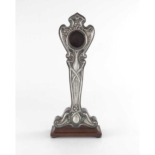 219 - An Arts and Crafts silver and walnut clock case, W J Myatt and Co., Chester 1908, the stylised ogee ... 