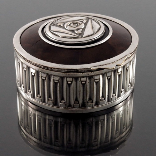 220 - A Secessionist silver plate, tortoiseshell and lacquer jewel box, circa 1910, cylindrical drum form,... 