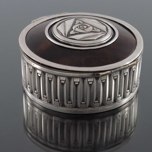 220 - A Secessionist silver plate, tortoiseshell and lacquer jewel box, circa 1910, cylindrical drum form,... 