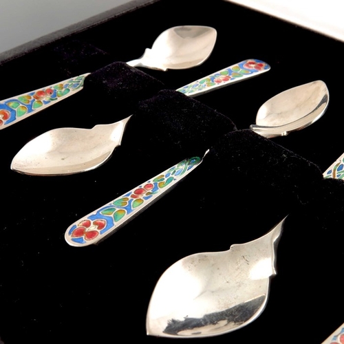 226 - Bernard Instone, a matched set of six Arts and Crafts style silver and enamelled coffee spoons, Birm... 