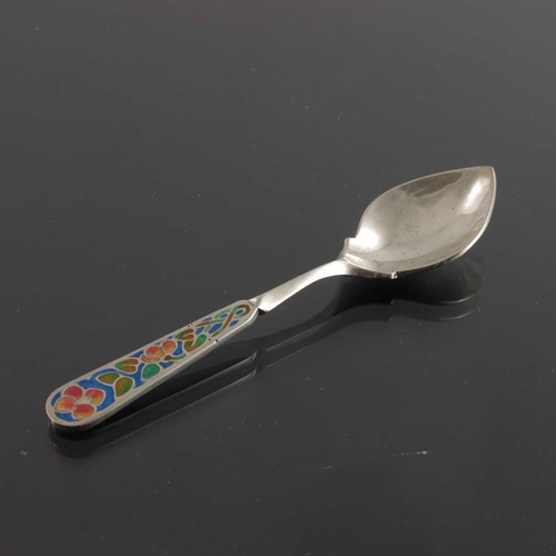 226 - Bernard Instone, a matched set of six Arts and Crafts style silver and enamelled coffee spoons, Birm... 