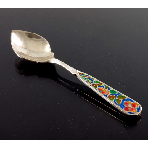 226 - Bernard Instone, a matched set of six Arts and Crafts style silver and enamelled coffee spoons, Birm... 