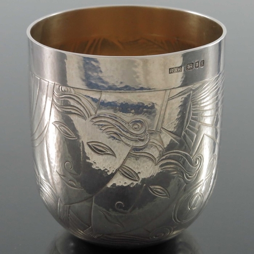 241 - Rod Kelly, a Modernist engraved silver beaker, London 1997, rounded tot form, planished and decorate... 