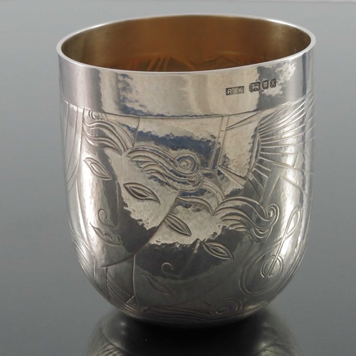 241 - Rod Kelly, a Modernist engraved silver beaker, London 1997, rounded tot form, planished and decorate... 