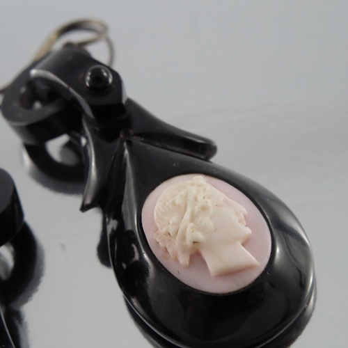 244 - A pair of late Victorian jet and conch shell cameo earrings, oval pink and white opposing bust portr... 